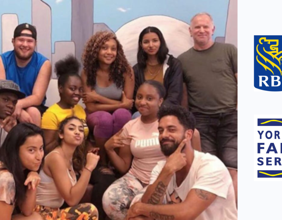 Group of diverse youth posing for picture; RBC Foundation Logo; Yorktown Family Services Logo; Youth Wellness Hubs Ontario West Toronto Logo