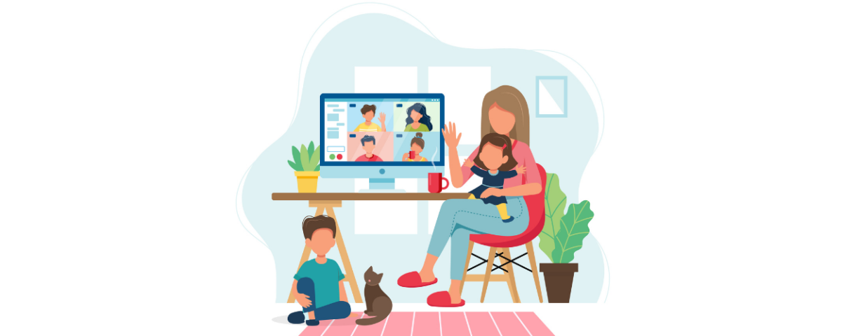 Illustration of mother and two small children attending virtual web conferencing group