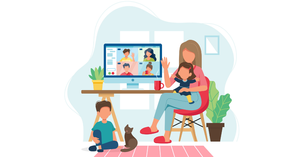 Illustration of mother and two small children attending virtual web conferencing group