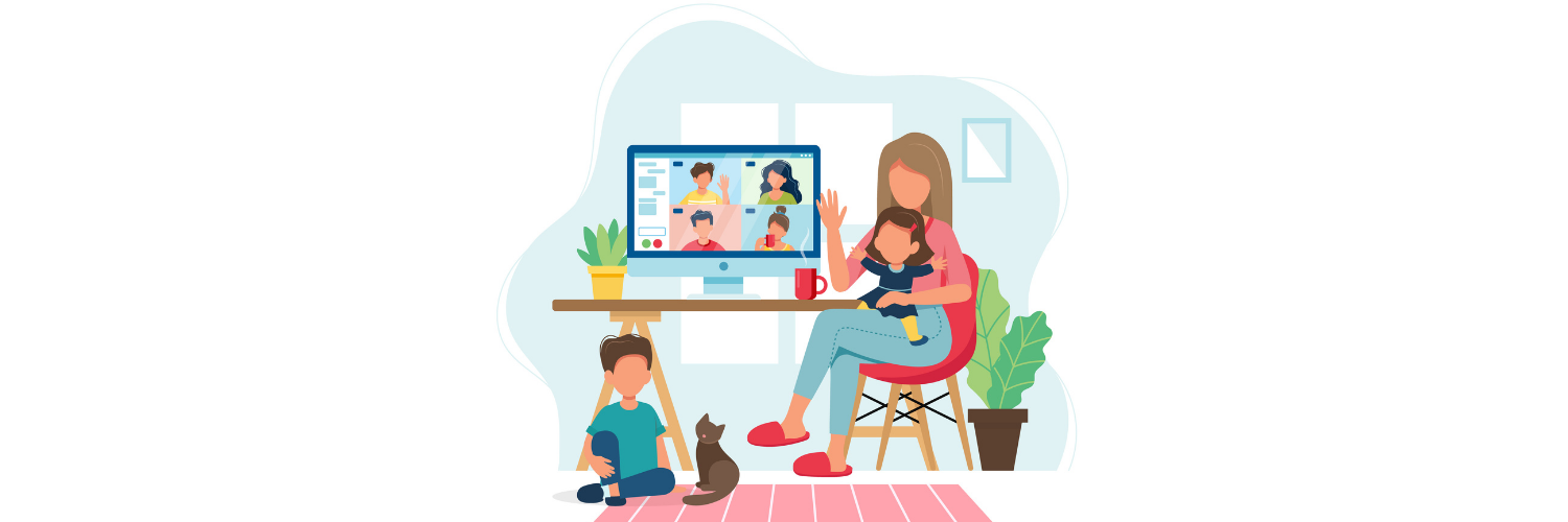 Illustration of mother and two small children attending virtual web conferencing group