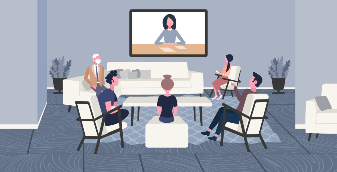 graphic image of a group of individuals in a room on a video conference call
