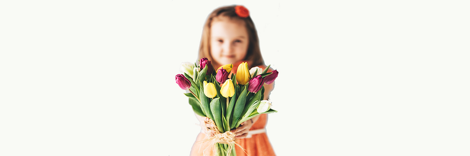 young girl offering bouquet of flowers